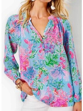Lilly Pulitzer Elsa Silk Cay to My Heart Blue Pink Coral Blouse Top SZ Large